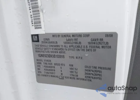 2009 Chevrolet Traverse Lt from USA, damaged, VIN 1GNEV23DX9S103016